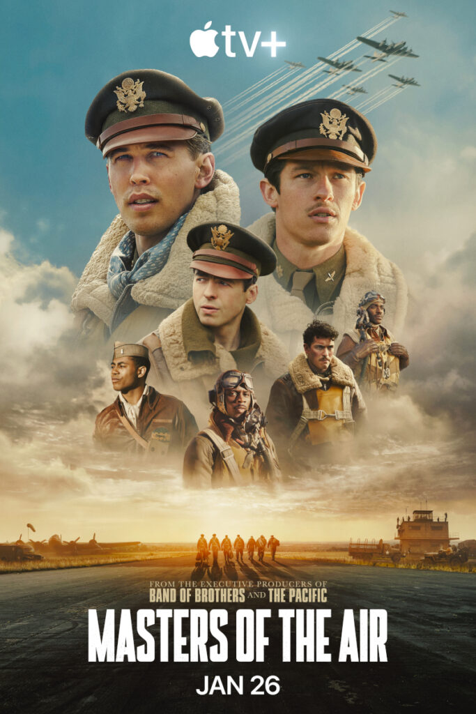 Serienposter mit Schriftzug. Sieben Piloten im Porträt. Am Himmel Kampfbomber in Formation. Am unteren Bildrand die Landepiste auf der sieben Männer von hinten zu sehen sind, der Tower und zwei Bomber am Boden.